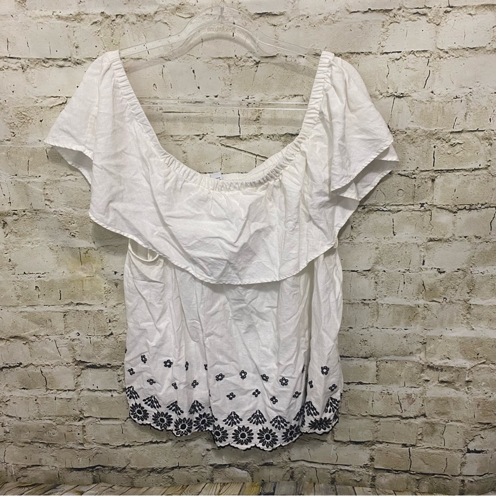 Old Navy White Black Linen Blend Floral Embroidered Off The Shoulder Top